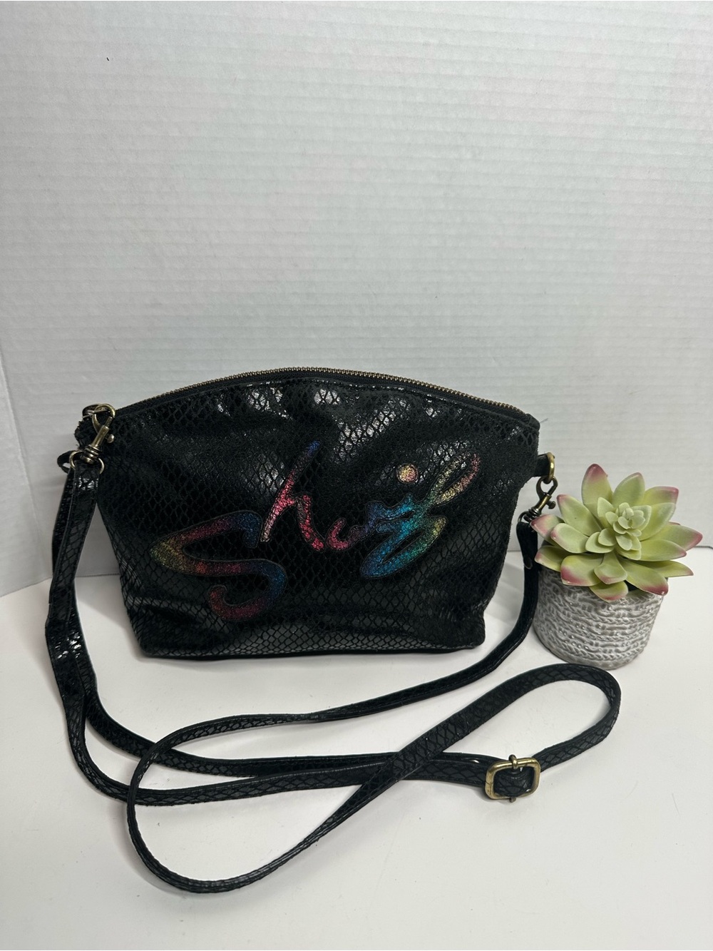 Sharif Black Crossbody Bag with Multicolor Script Detail